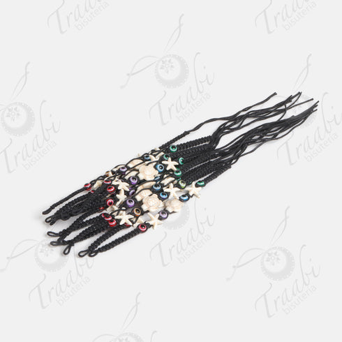 Pulsera estrella, tortuga y ojo tejida de hilo negra