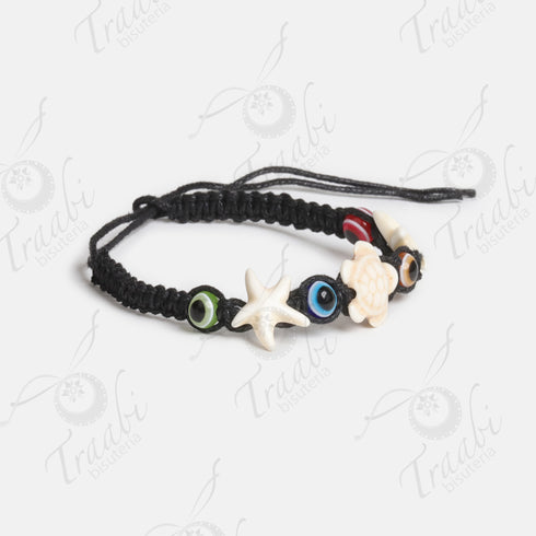 Pulsera estrella, tortuga y ojo tejida de hilo negra